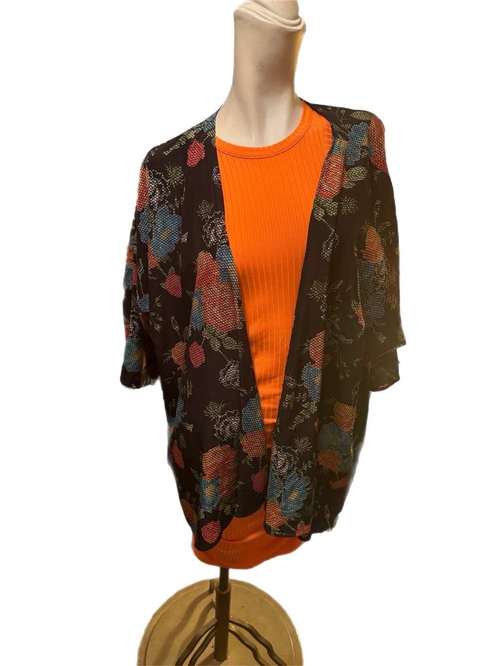 LuLaRoe Black Floral Open-Front Cardigan with Orange Ribbed Dress